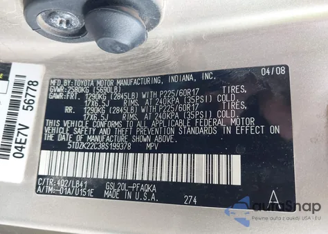 2008 Toyota Sienna Xle z USA, uszkodzony, nr VIN 5TDZK22C38S199378